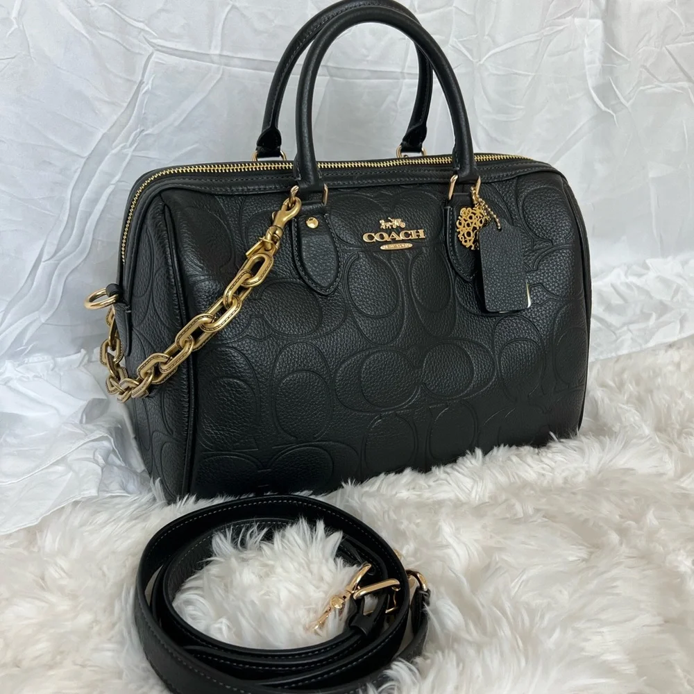 COACH Black Embossed Leather Satchel with Gold Hardware and coach charms - Picture 8 of 12